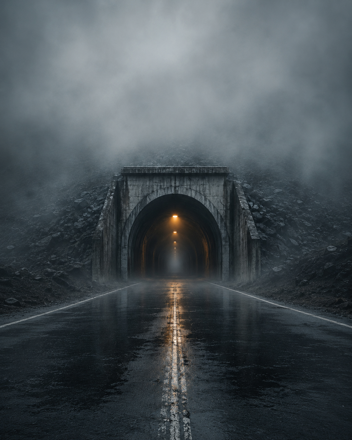 Dunkler Tunneleingang im Nebel mit warmem Licht im Inneren
